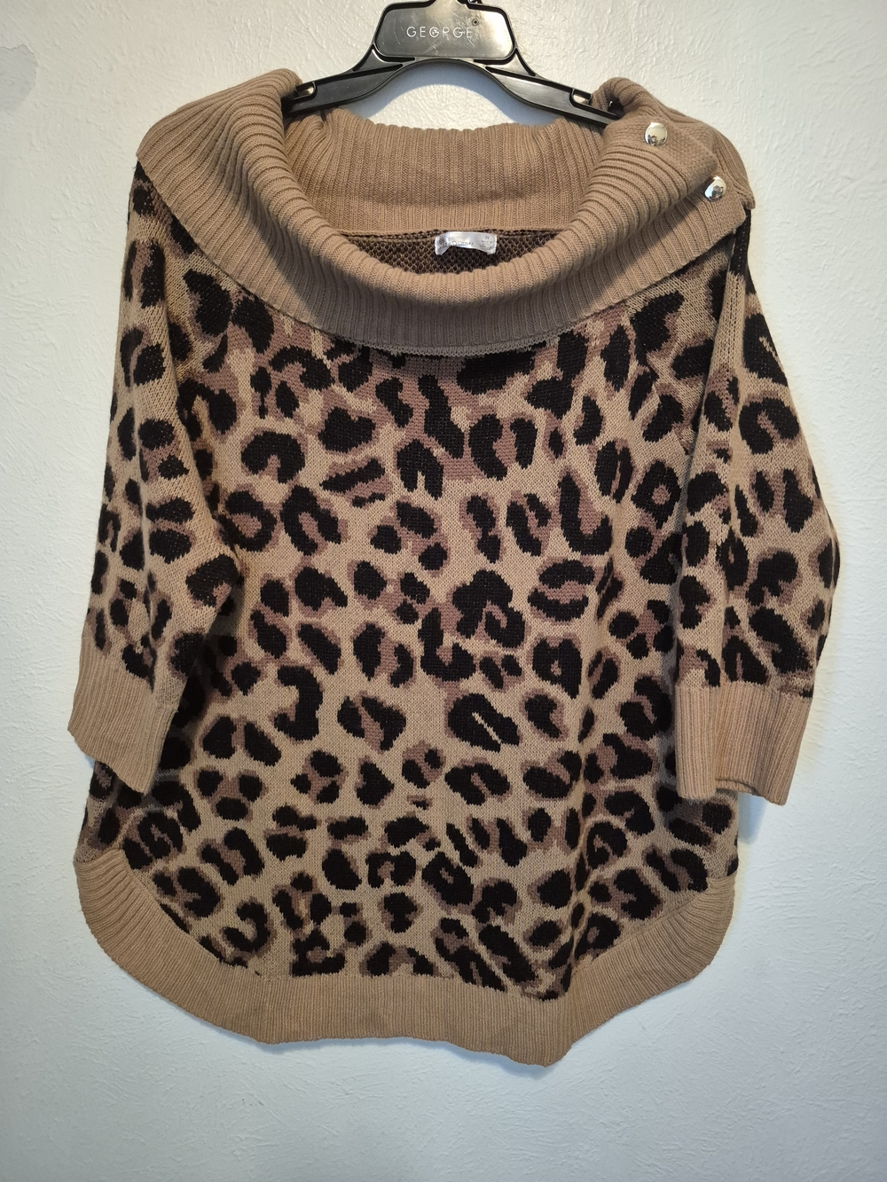 89th & Madison Tan and Black Leopard Cowl Neck Sweater